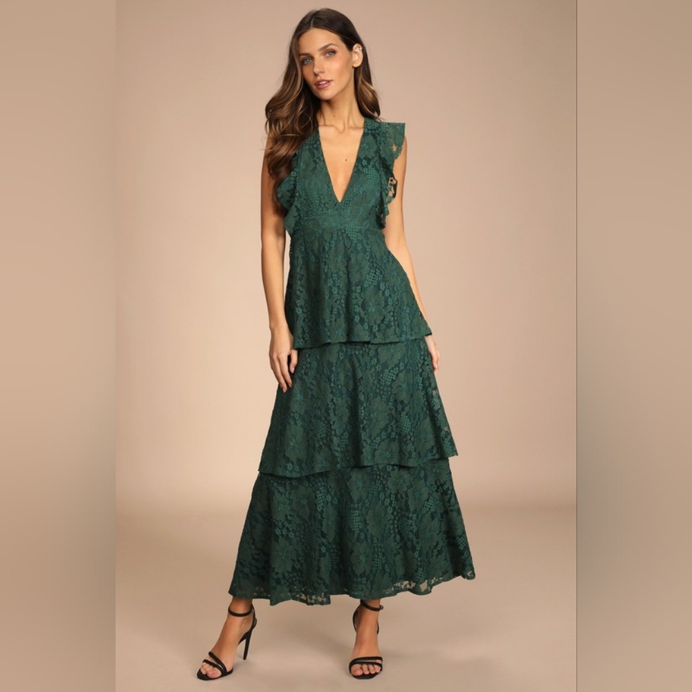 Lulus' Molinetto Forest Green Lace Ruffled Tiered Sleeveless Maxi Dress - Size L
